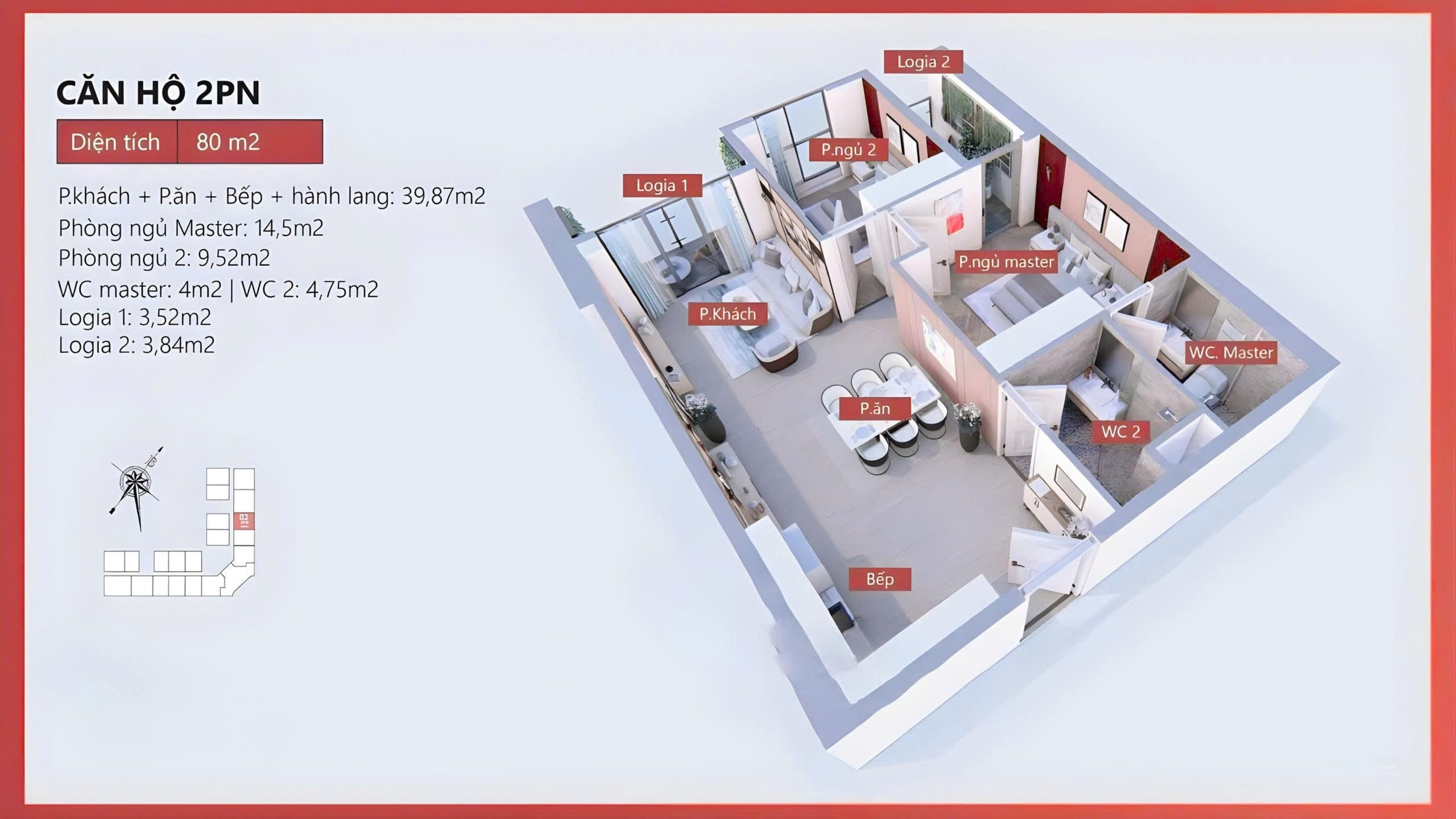 Mặt bằng căn hộ 2 phòng ngủ Mipec Tố Hữu Iconia Lakeside